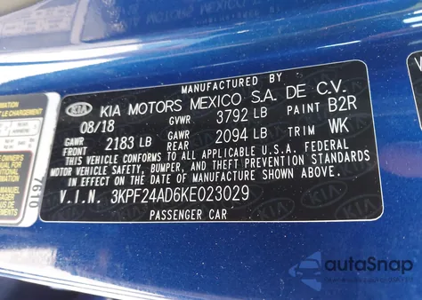 2019 Kia Forte Lxs z USA, uszkodzony, nr VIN 3KPF24AD6KE023029